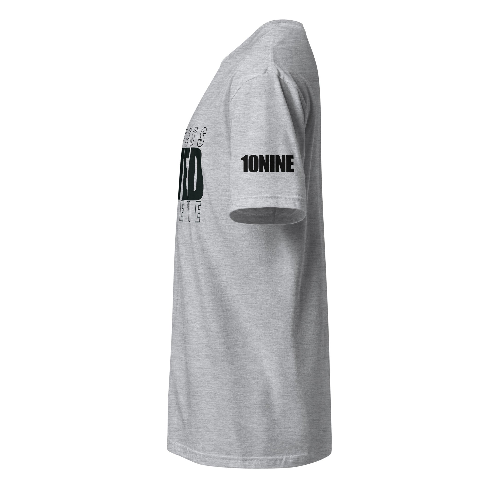Side view showing 10NINE logo on left sleeve of grey Christian shirt