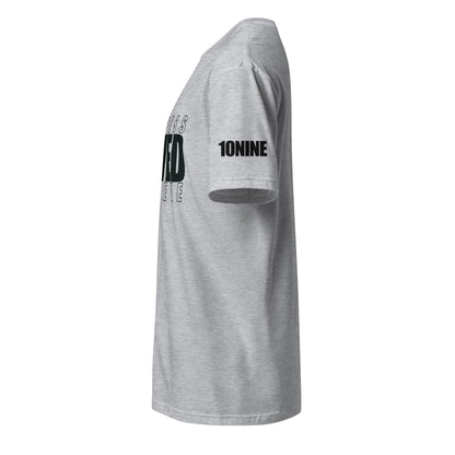 Side view showing 10NINE logo on left sleeve of grey Christian shirt