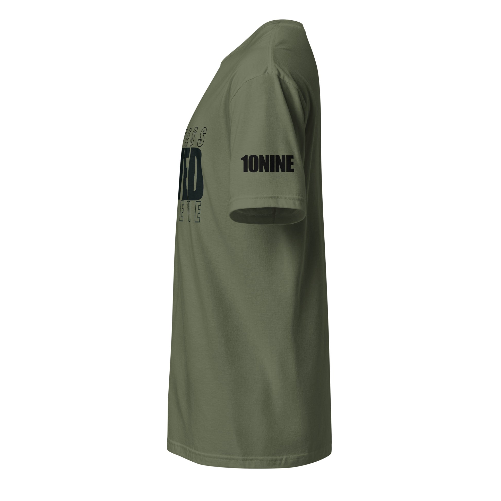 Side view showing 10NINE logo on left sleeve of military green Christian shirt