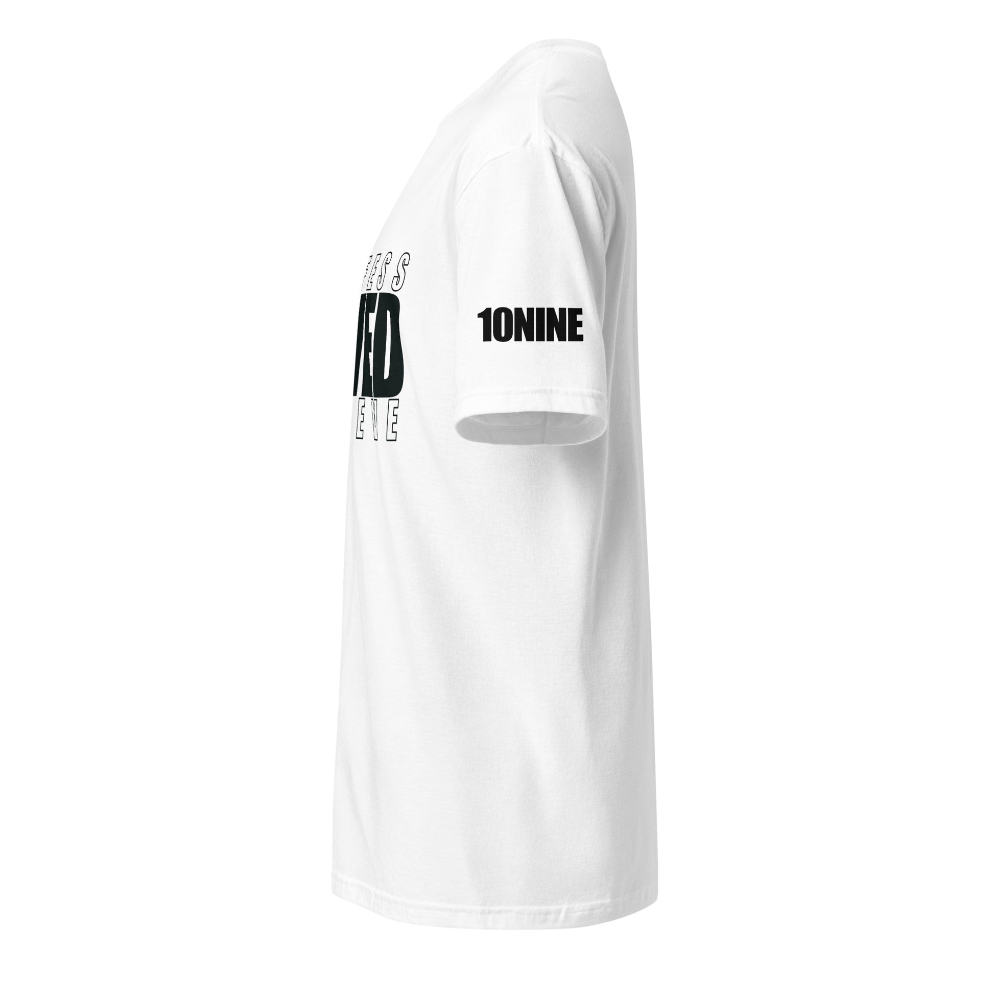 Side view showing 10NINE logo on left sleeve of white Christian shirt