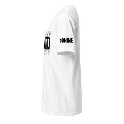 Side view showing 10NINE logo on left sleeve of white Christian shirt