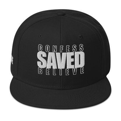 Black Christian snapback hat with Confess Believe SAVED text on front