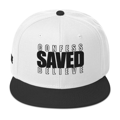 Black and white Christian snapback hat with Confess Believe SAVED text on front