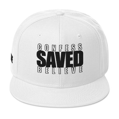 White Christian snapback hat with Confess Believe SAVED text on front