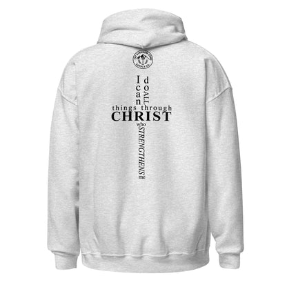 Back view of sport grey Christian hoodie featuring Philippians 4:13 scripture in a cross-shaped design