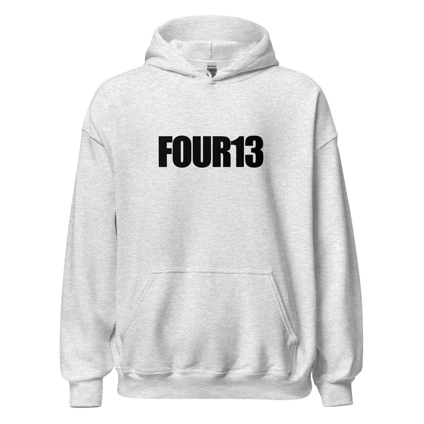 Front view of ash grey Christian hoodie with bold FOUR13 logo, inspired by Philippians 4:13