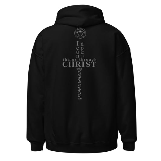 Back view of black Christian hoodie featuring Philippians 4:13 scripture in a cross-shaped design