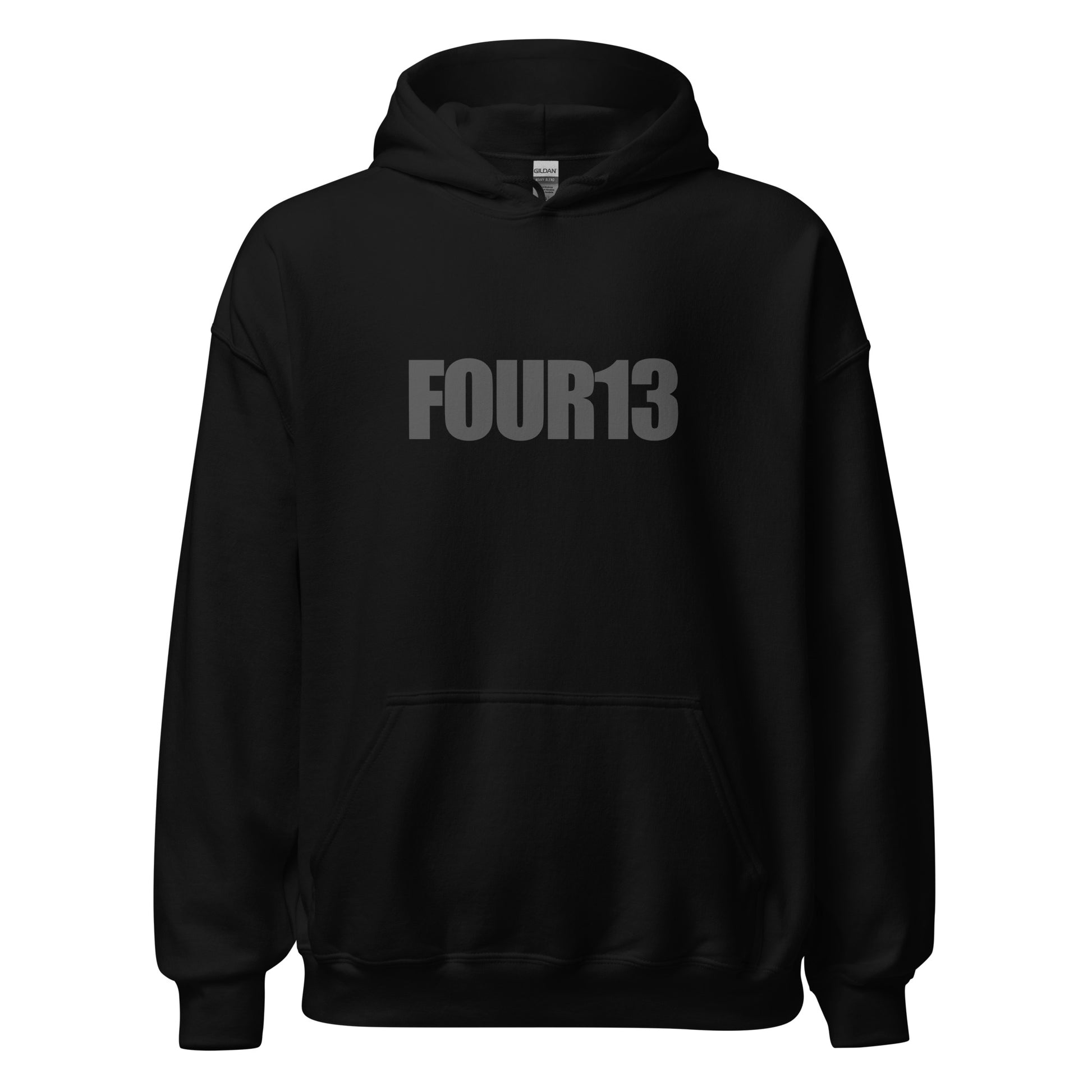 Front view of black Christian hoodie with bold FOUR13 logo, inspired by Philippians 4:13