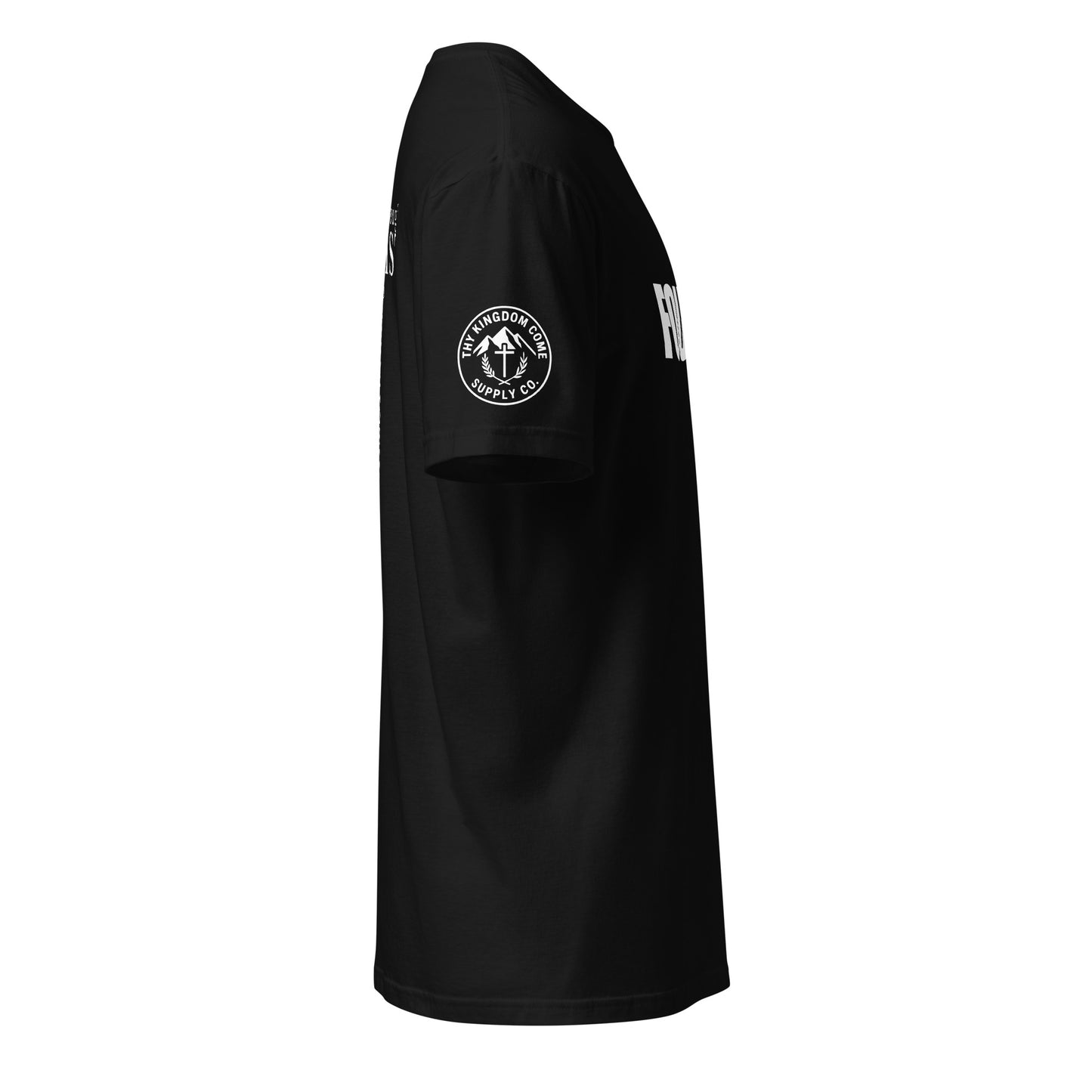 Side view of black FOUR13 Christian shirt