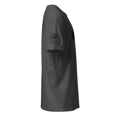 Side view of dark heather grey FOUR13 Christian shirt