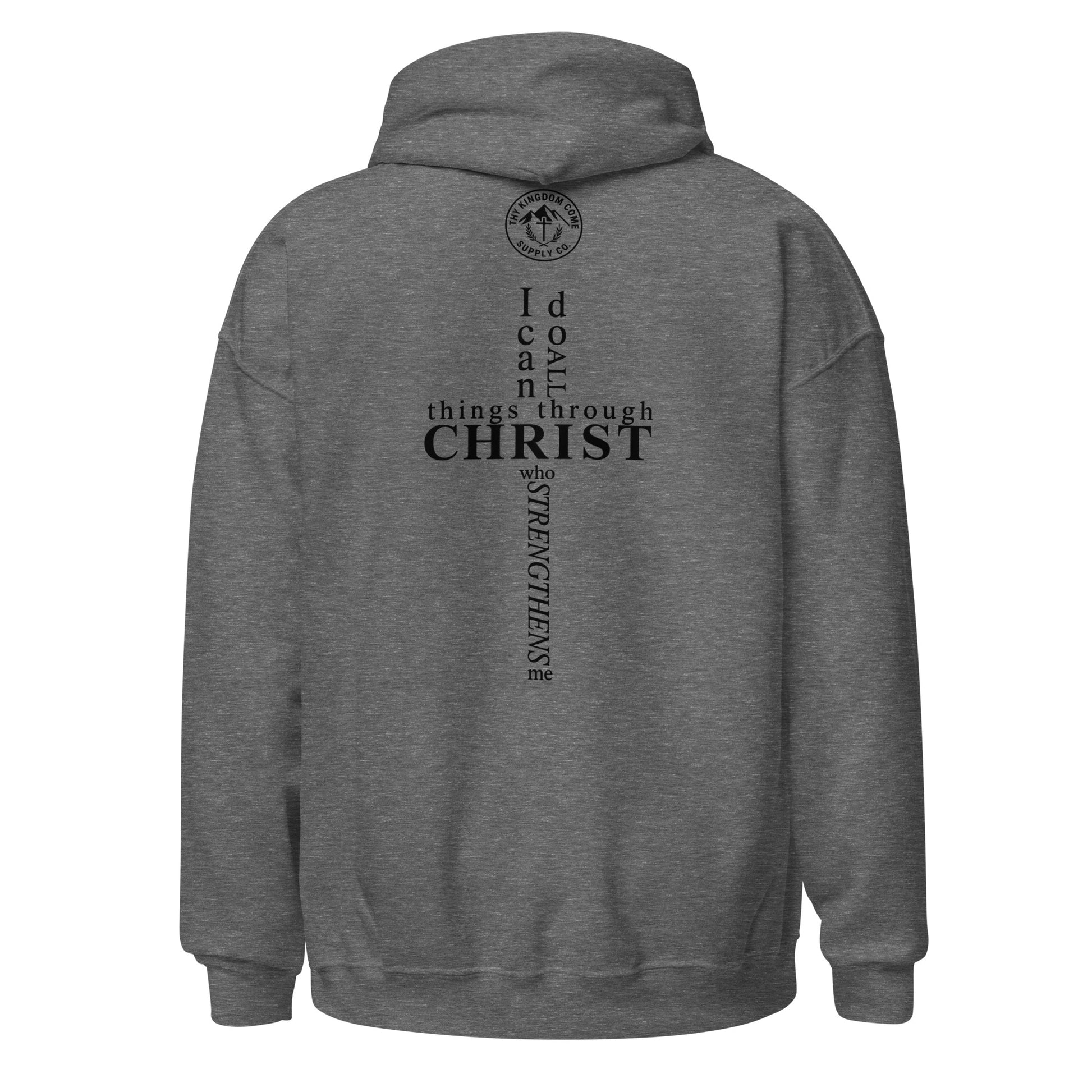 Back view of graphite heather Christian hoodie featuring Philippians 4:13 scripture in a cross-shaped design
