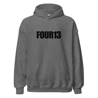 Front view of graphite heather Christian hoodie with bold FOUR13 logo, inspired by Philippians 4:13