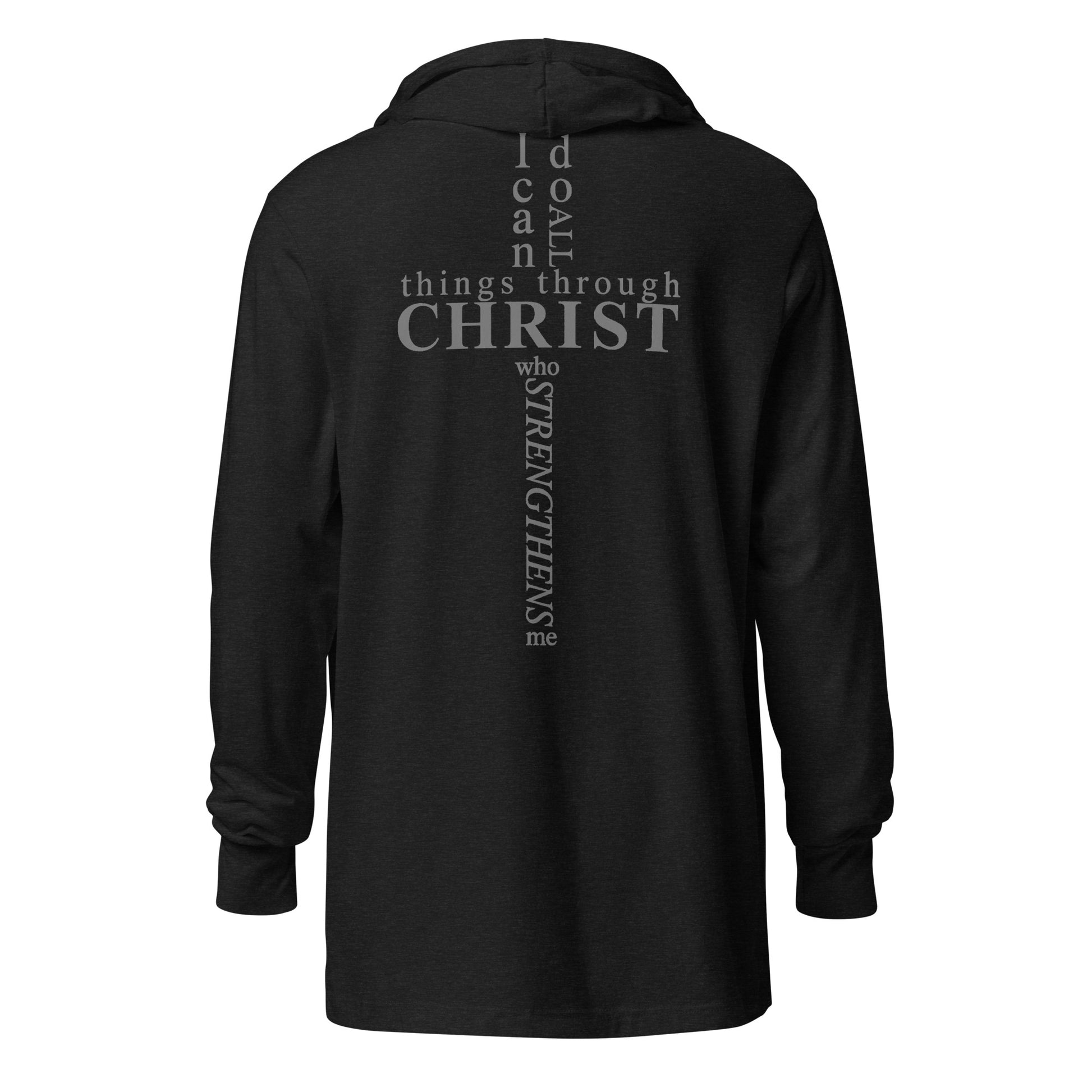 Back of black hooded long sleeve tee with Philippians 4:13 verse in cross shape