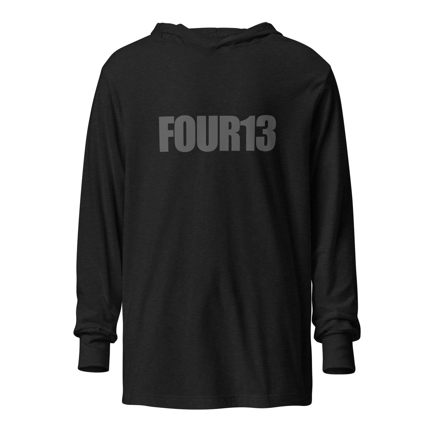 Front of black hooded long sleeve tee with FOUR13 Christian logo design