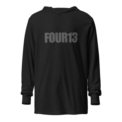 Front of black hooded long sleeve tee with FOUR13 Christian logo design