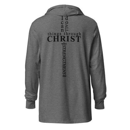 Back of grey hooded long sleeve tee with Philippians 4:13 verse in cross shape