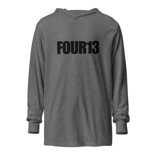 Front of grey hooded long sleeve tee with FOUR13 Christian logo design