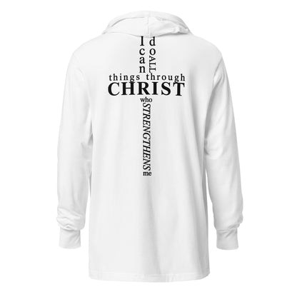 Back of white hooded long sleeve tee with Philippians 4:13 verse in cross shape