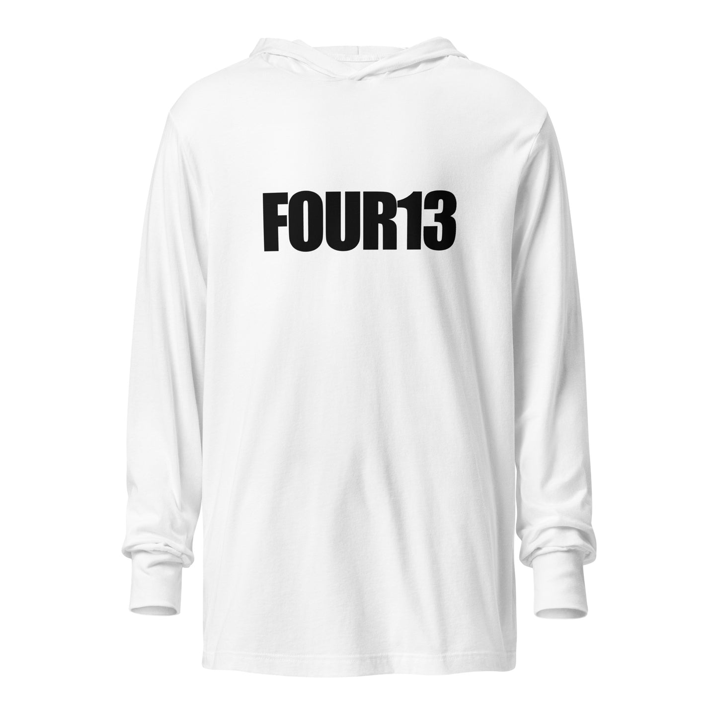 Front of white hooded long sleeve tee with FOUR13 Christian logo design