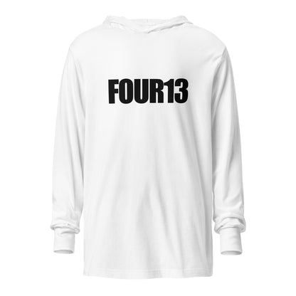 Front of white hooded long sleeve tee with FOUR13 Christian logo design