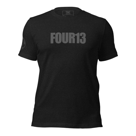 Black Christian t-shirt with FOUR13 logo based on Philippians 4:13