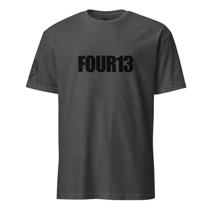 Dark heather grey Christian t-shirt with FOUR13 logo based on Philippians 4:13