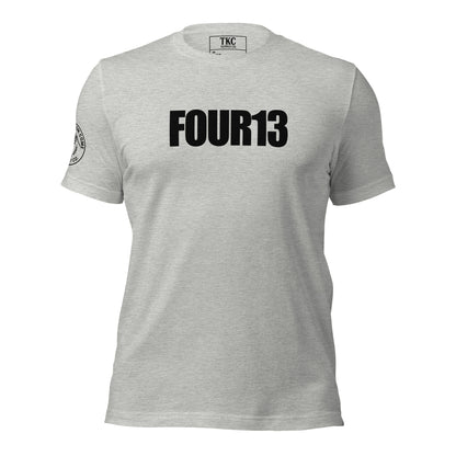 Grey Christian t-shirt with FOUR13 logo based on Philippians 4:13