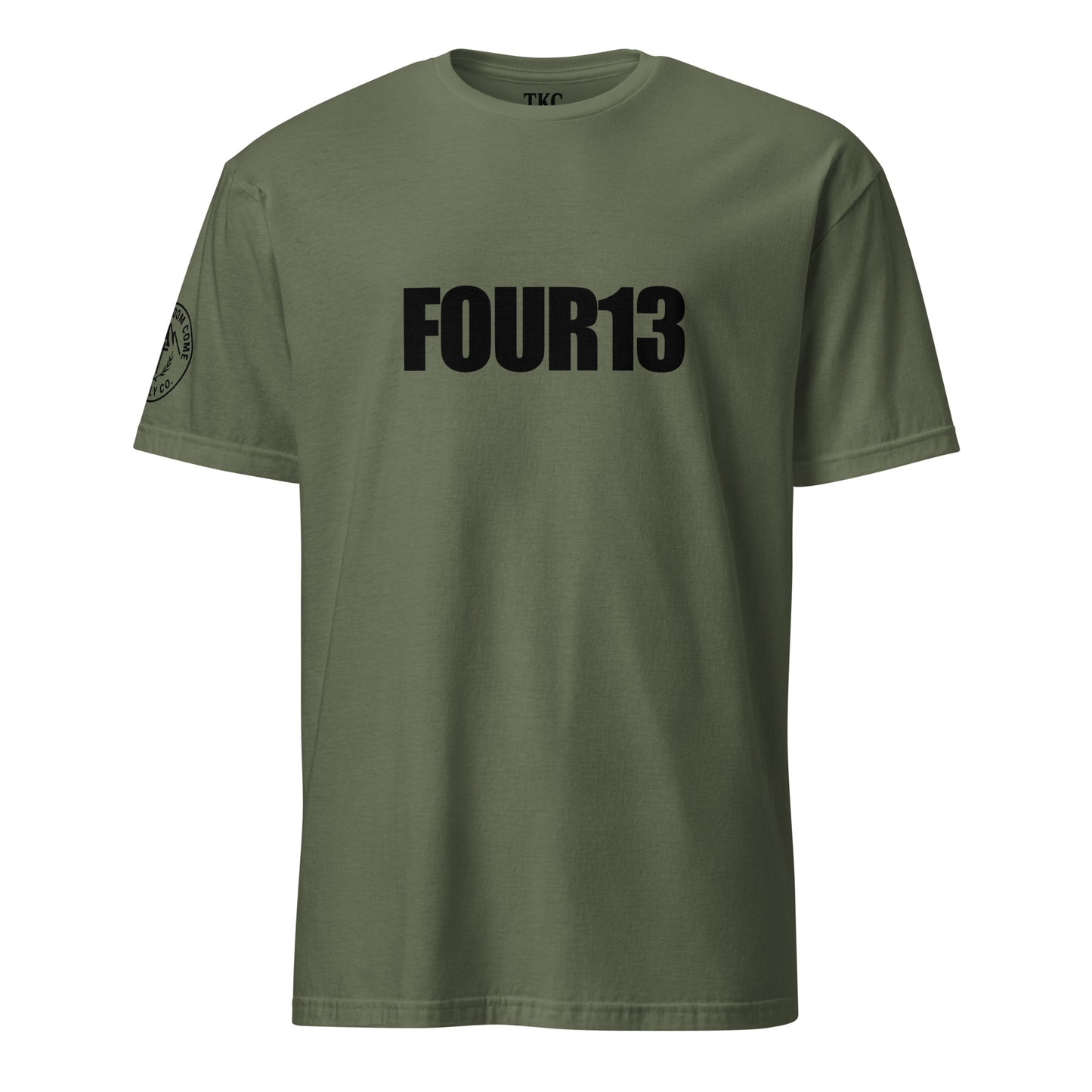 Military green Christian t-shirt with FOUR13 logo based on Philippians 4:13