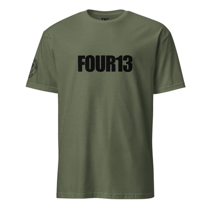 Military green Christian t-shirt with FOUR13 logo based on Philippians 4:13