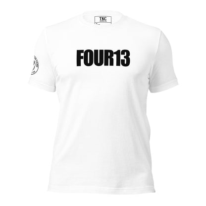 White Christian t-shirt with FOUR13 logo based on Philippians 4:13