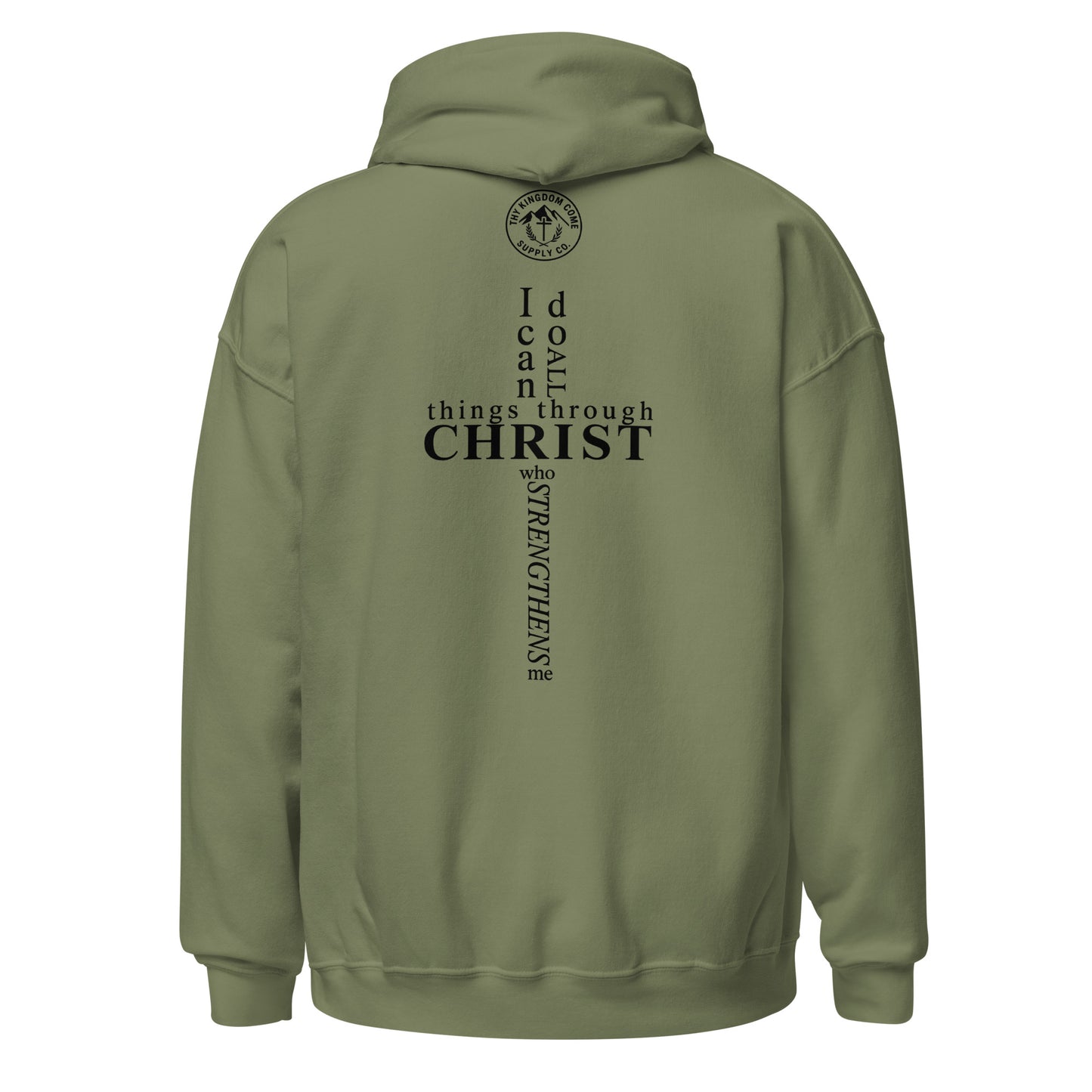Back view of military green Christian hoodie featuring Philippians 4:13 scripture in a cross-shaped design