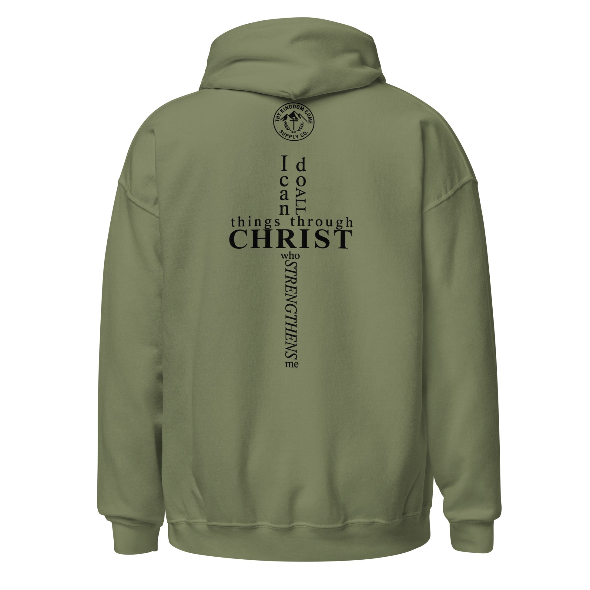 Back view of military green Christian hoodie featuring Philippians 4:13 scripture in a cross-shaped design