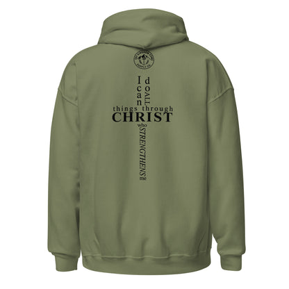 Back view of military green Christian hoodie featuring Philippians 4:13 scripture in a cross-shaped design
