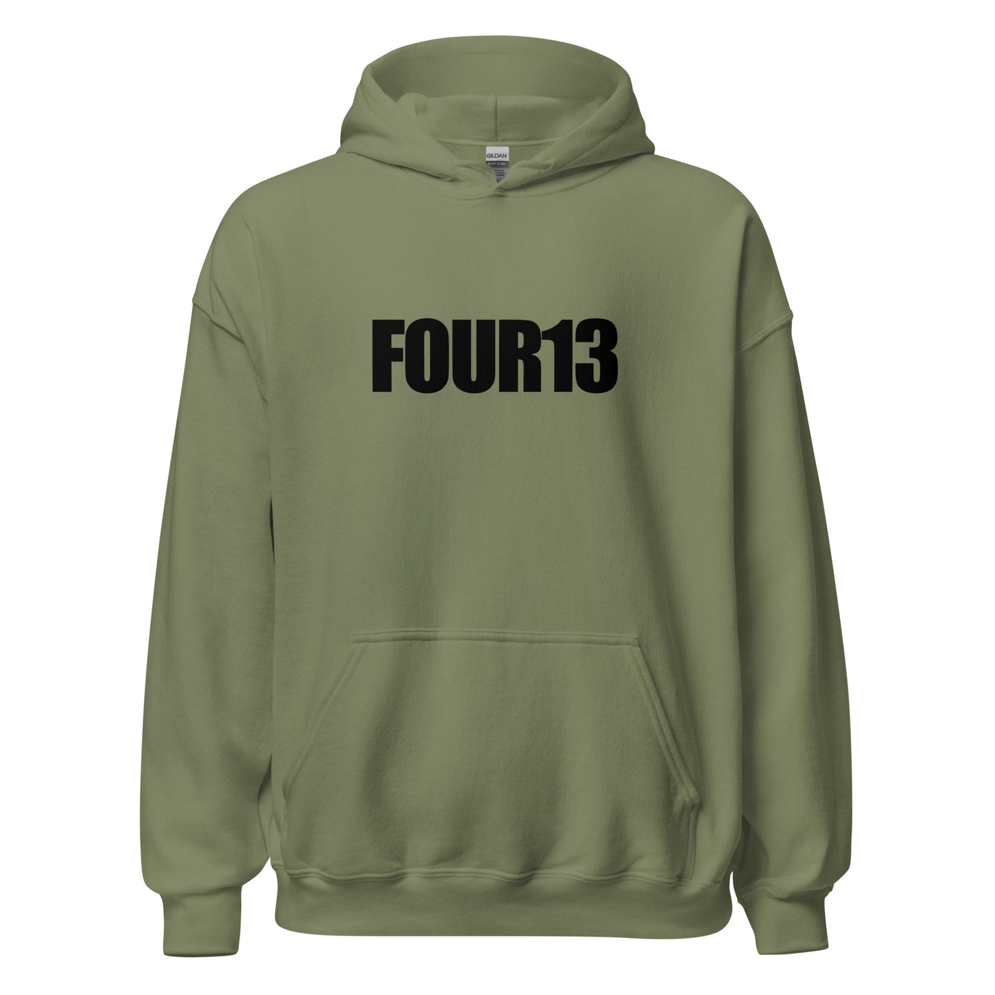 Front view of military green Christian hoodie with bold FOUR13 logo, inspired by Philippians 4:13