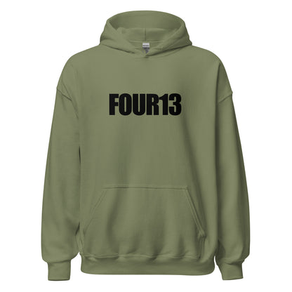 Front view of military green Christian hoodie with bold FOUR13 logo, inspired by Philippians 4:13