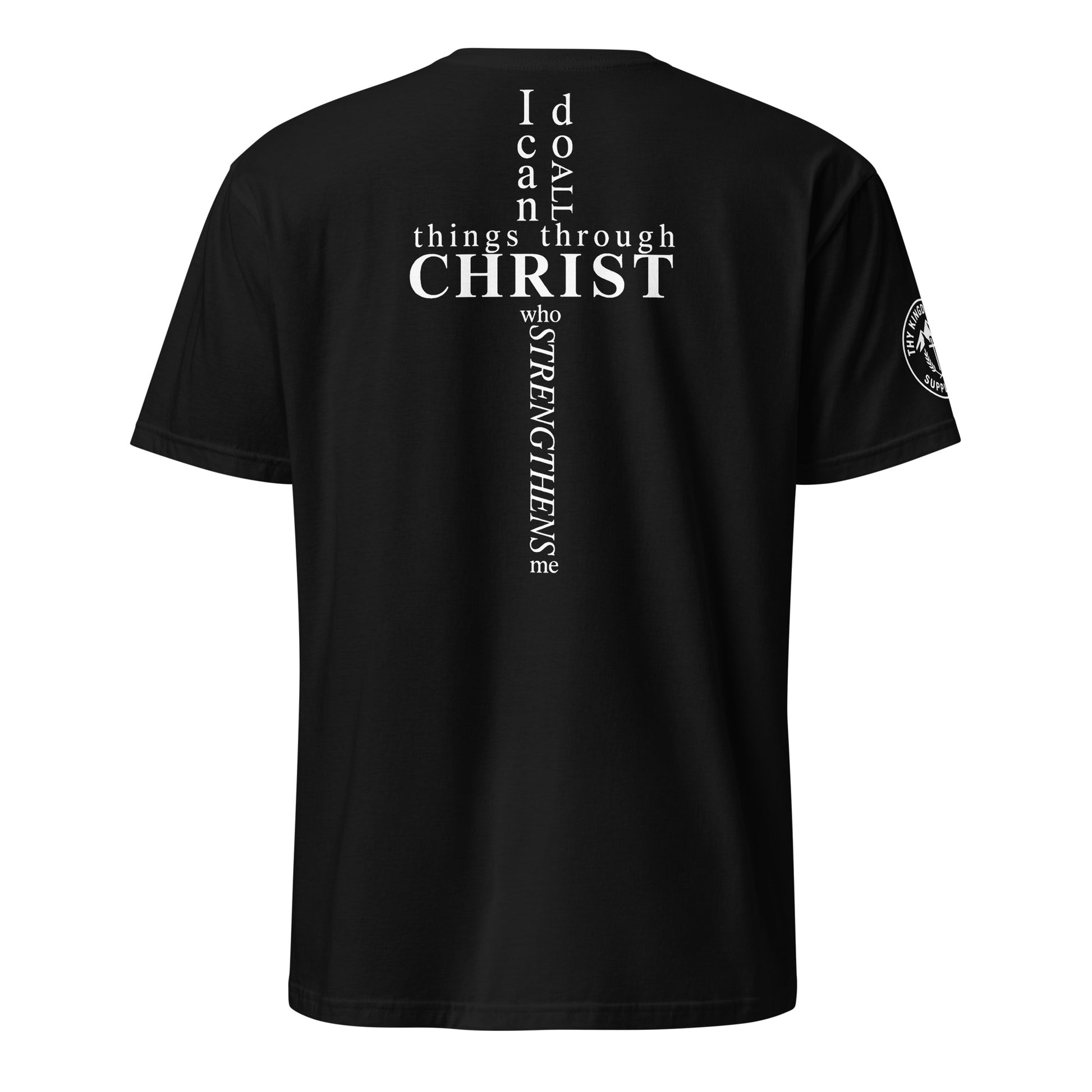 Back of black Philippians 4:13 tee with scripture arranged in cross shape