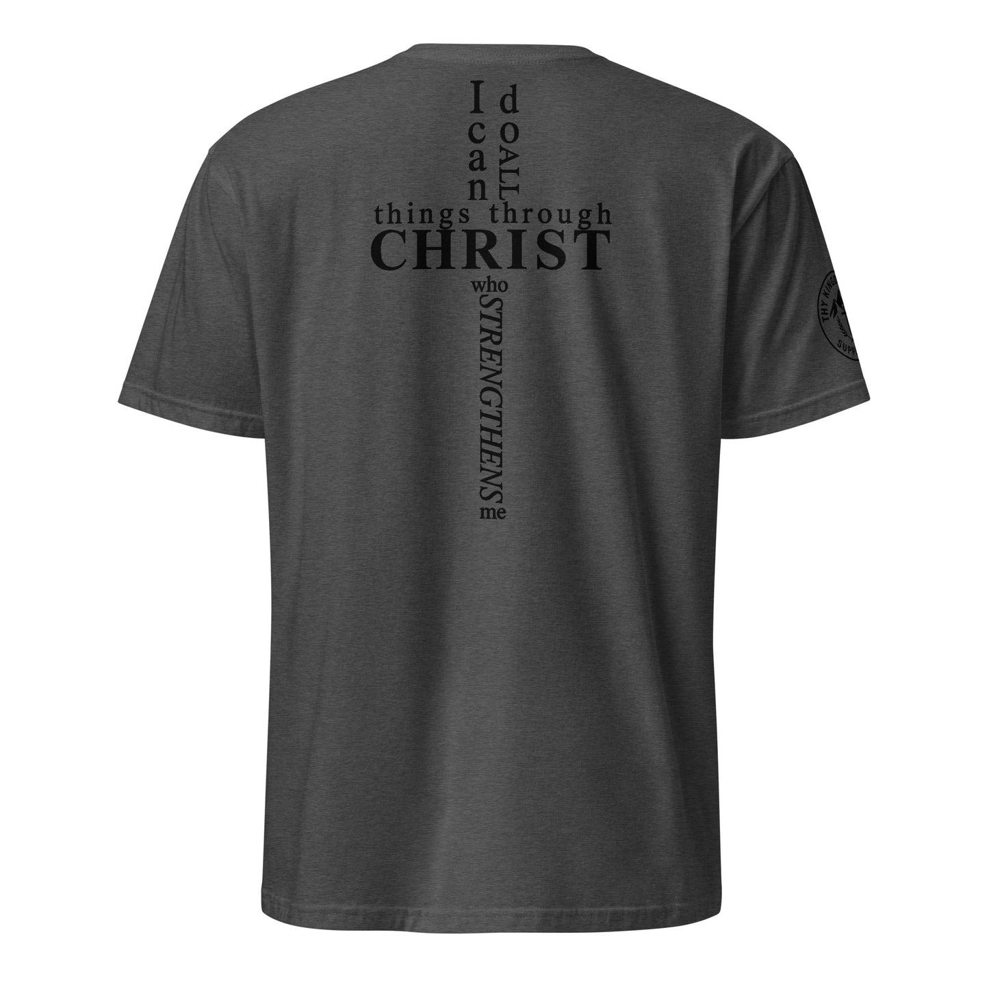 Back of dark heather grey Philippians 4:13 tee with scripture arranged in cross shape