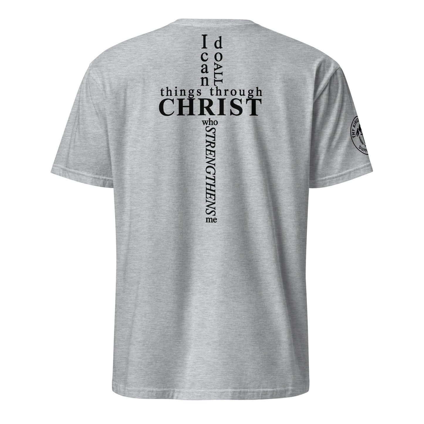 Back of grey Philippians 4:13 tee with scripture arranged in cross shape