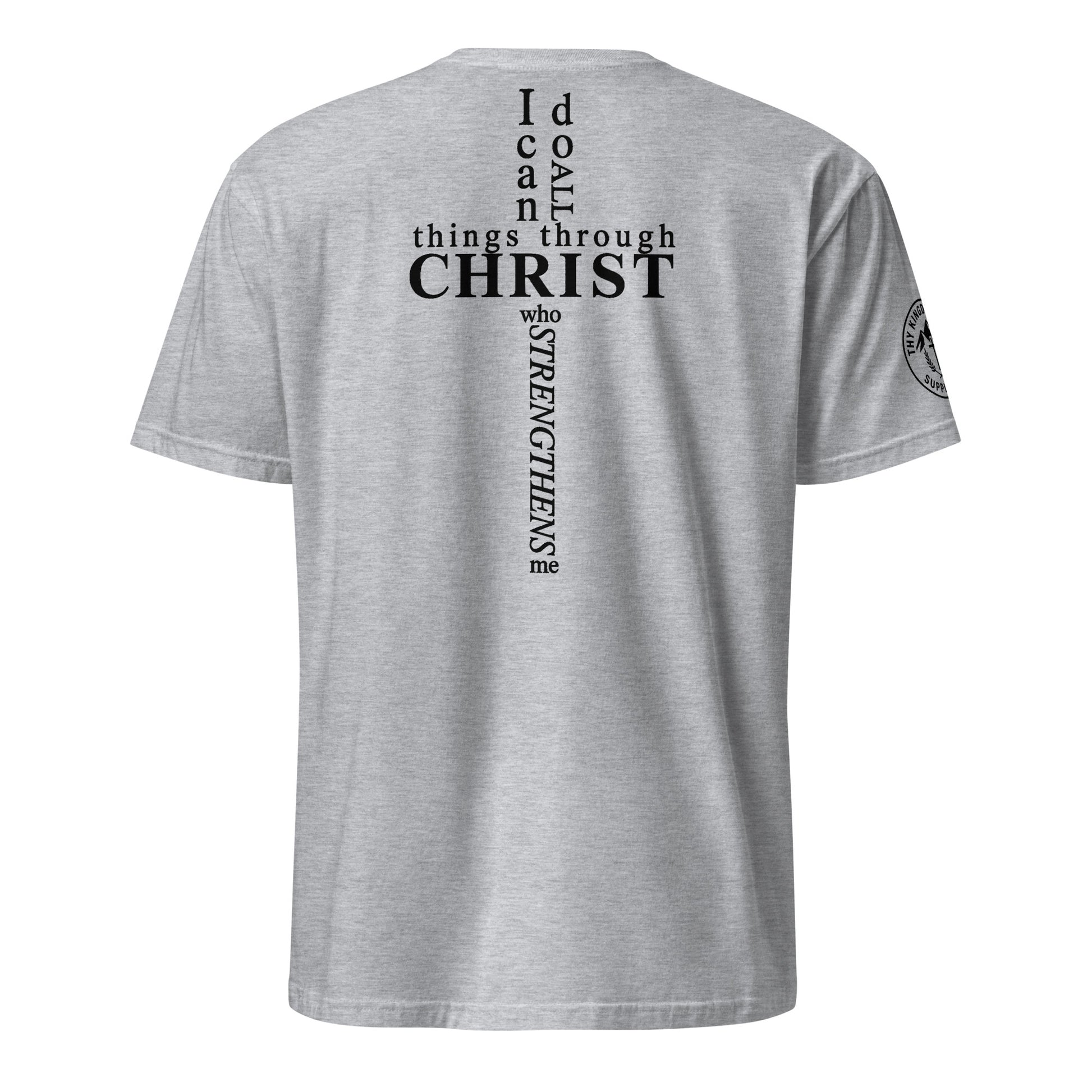 Back of grey Philippians 4:13 tee with scripture arranged in cross shape