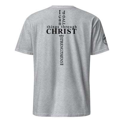 Back of grey Philippians 4:13 tee with scripture arranged in cross shape