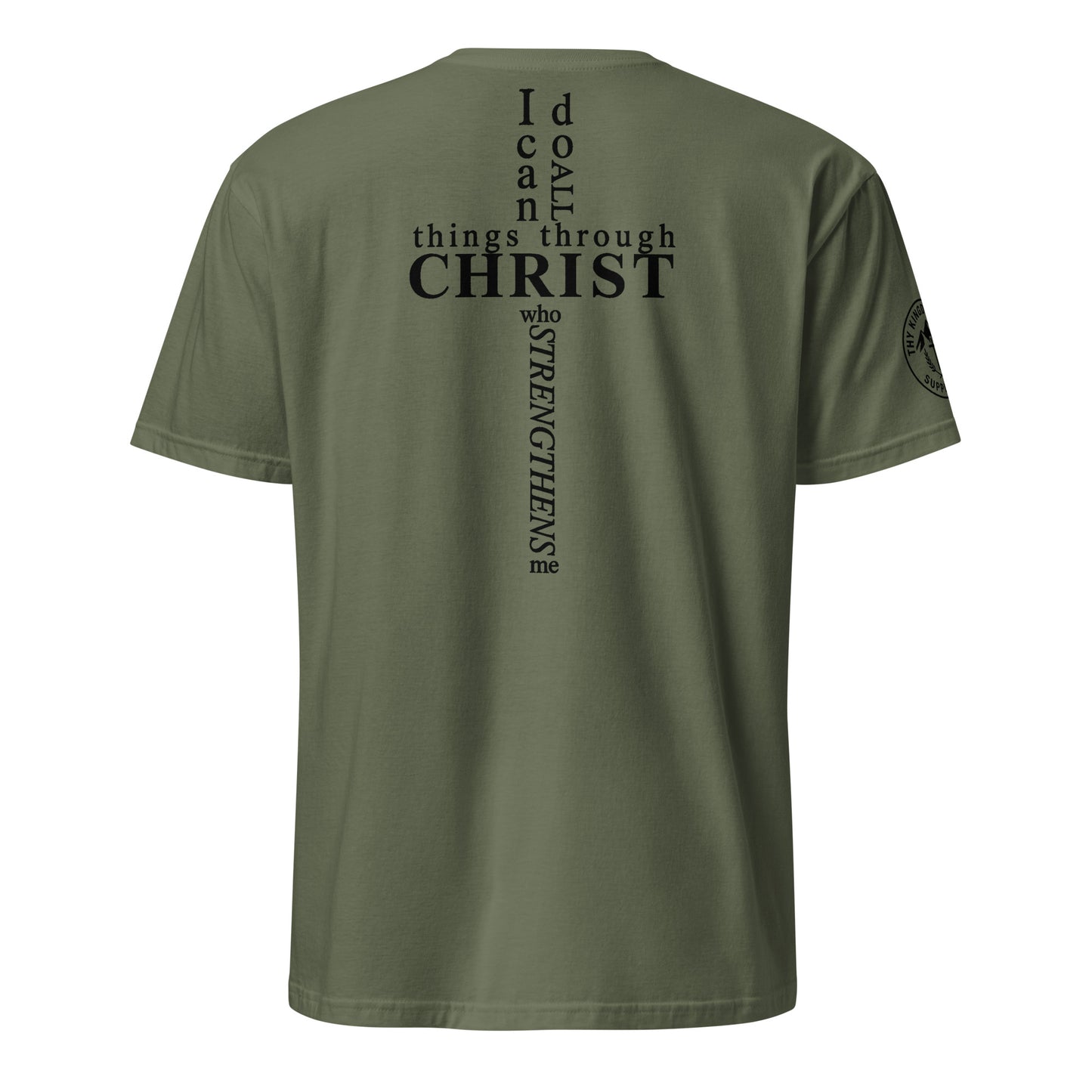 Back of military green Philippians 4:13 tee with scripture arranged in cross shape