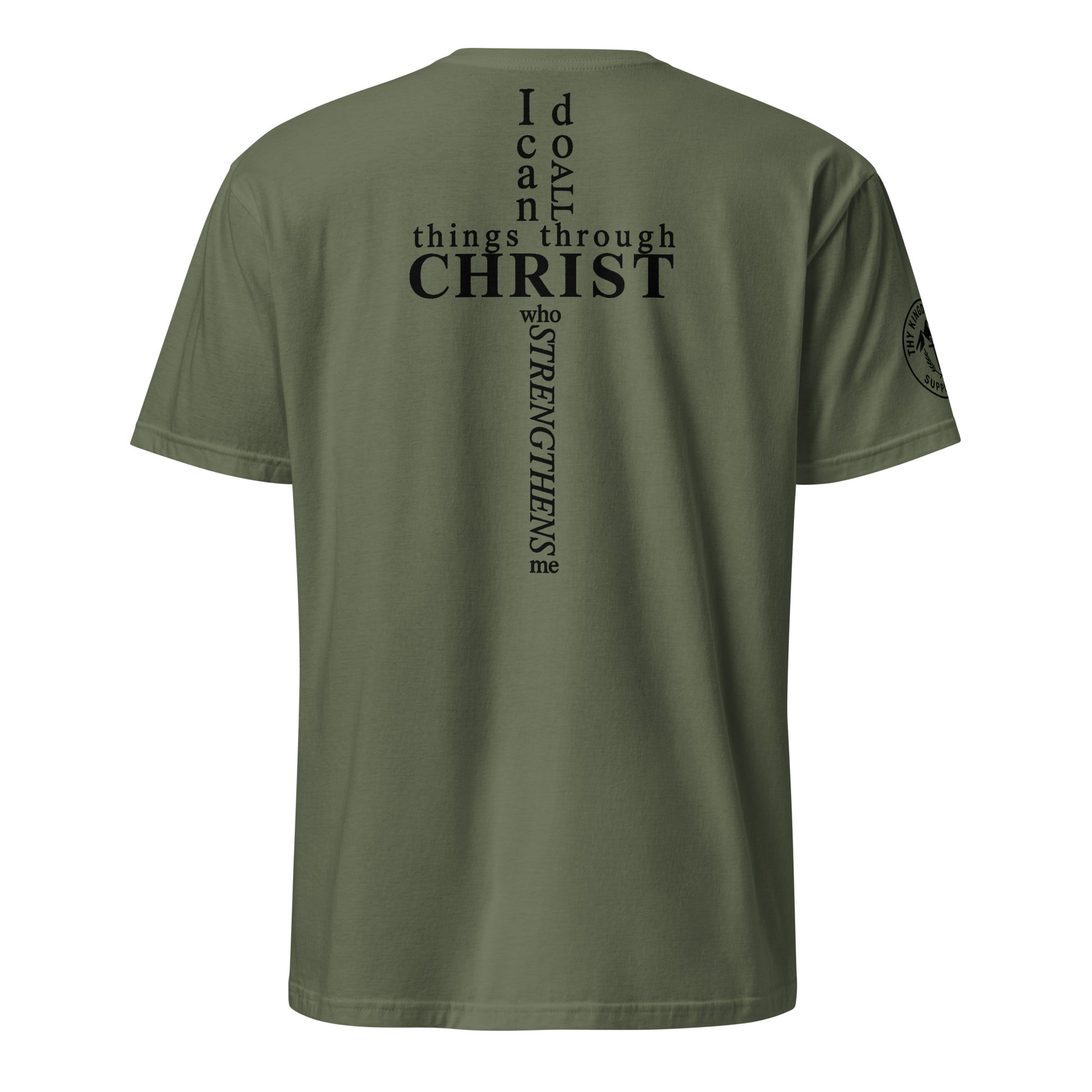 Back of military green Philippians 4:13 tee with scripture arranged in cross shape