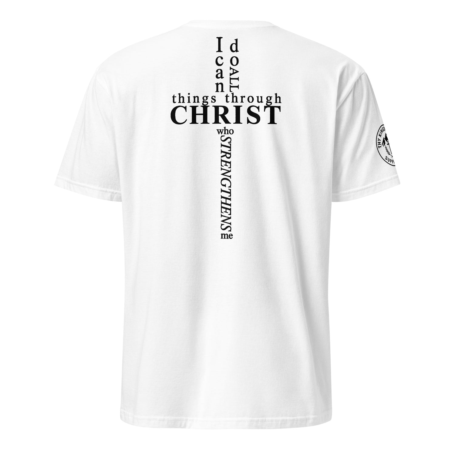Back of white Philippians 4:13 tee with scripture arranged in cross shape