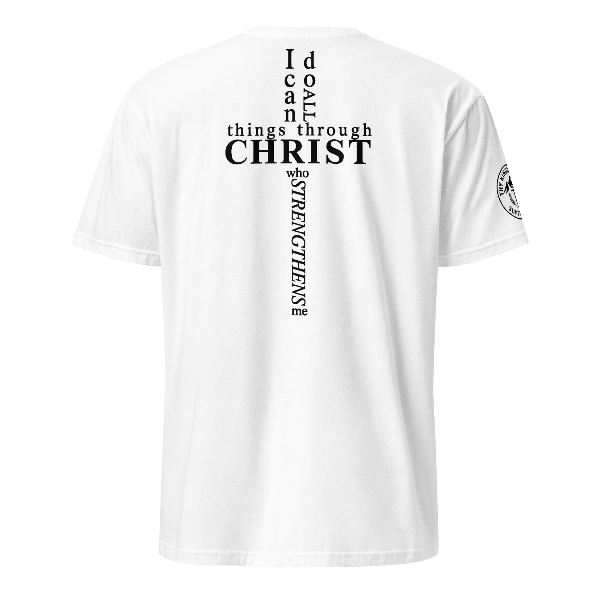 Back of white Philippians 4:13 tee with scripture arranged in cross shape