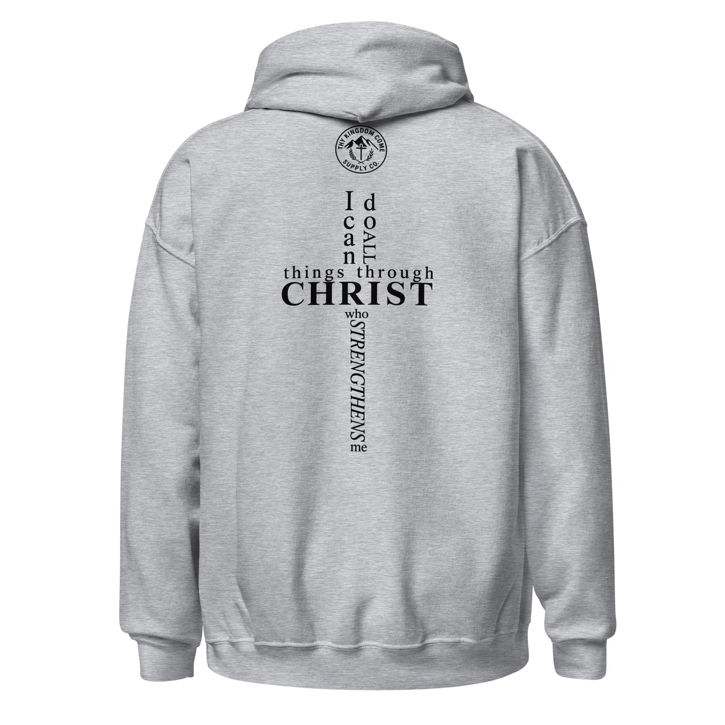 Back view of sport grey Christian hoodie featuring Philippians 4:13 scripture in a cross-shaped design