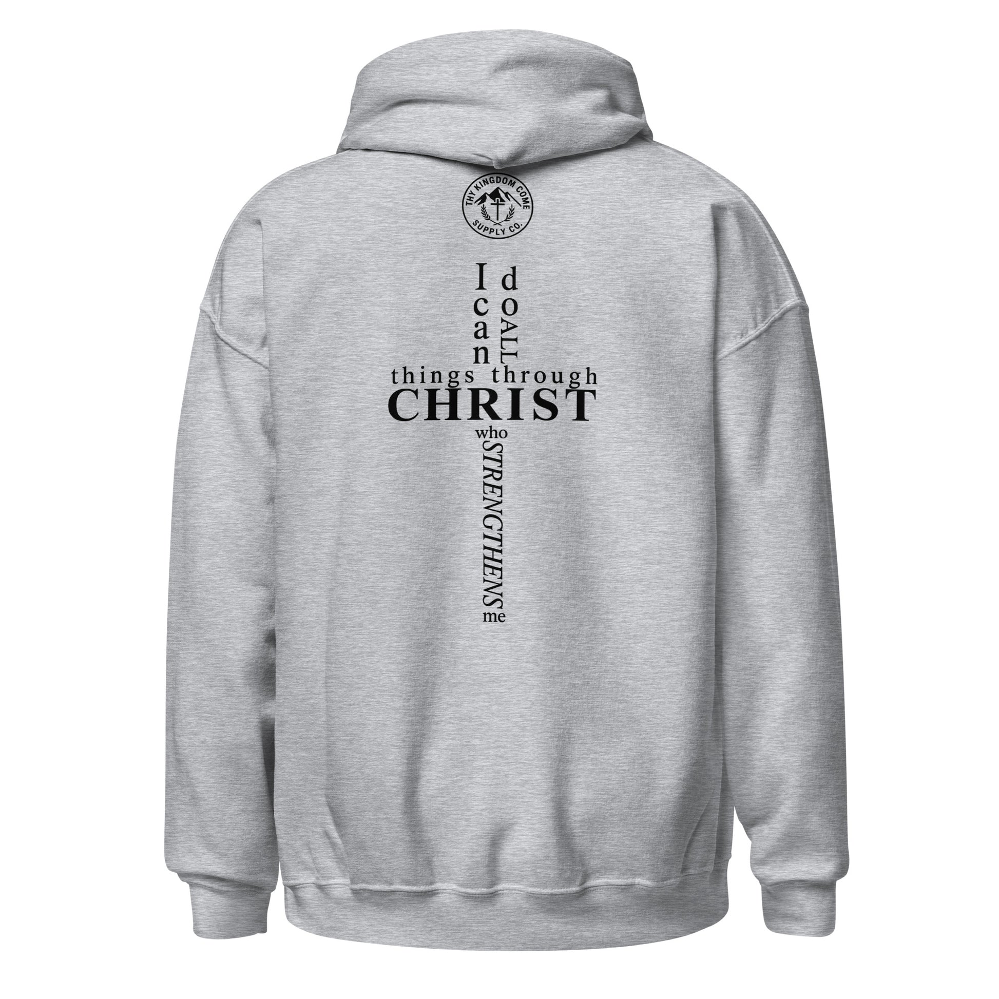 Back view of sport grey Christian hoodie featuring Philippians 4:13 scripture in a cross-shaped design