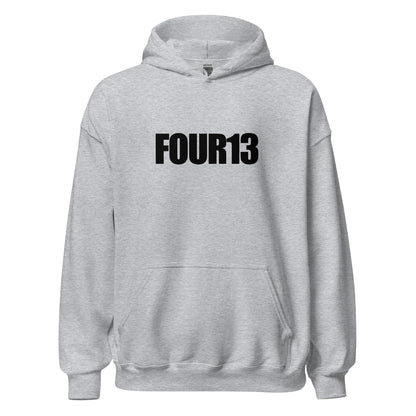 Front view of sport grey Christian hoodie with bold FOUR13 logo, inspired by Philippians 4:13