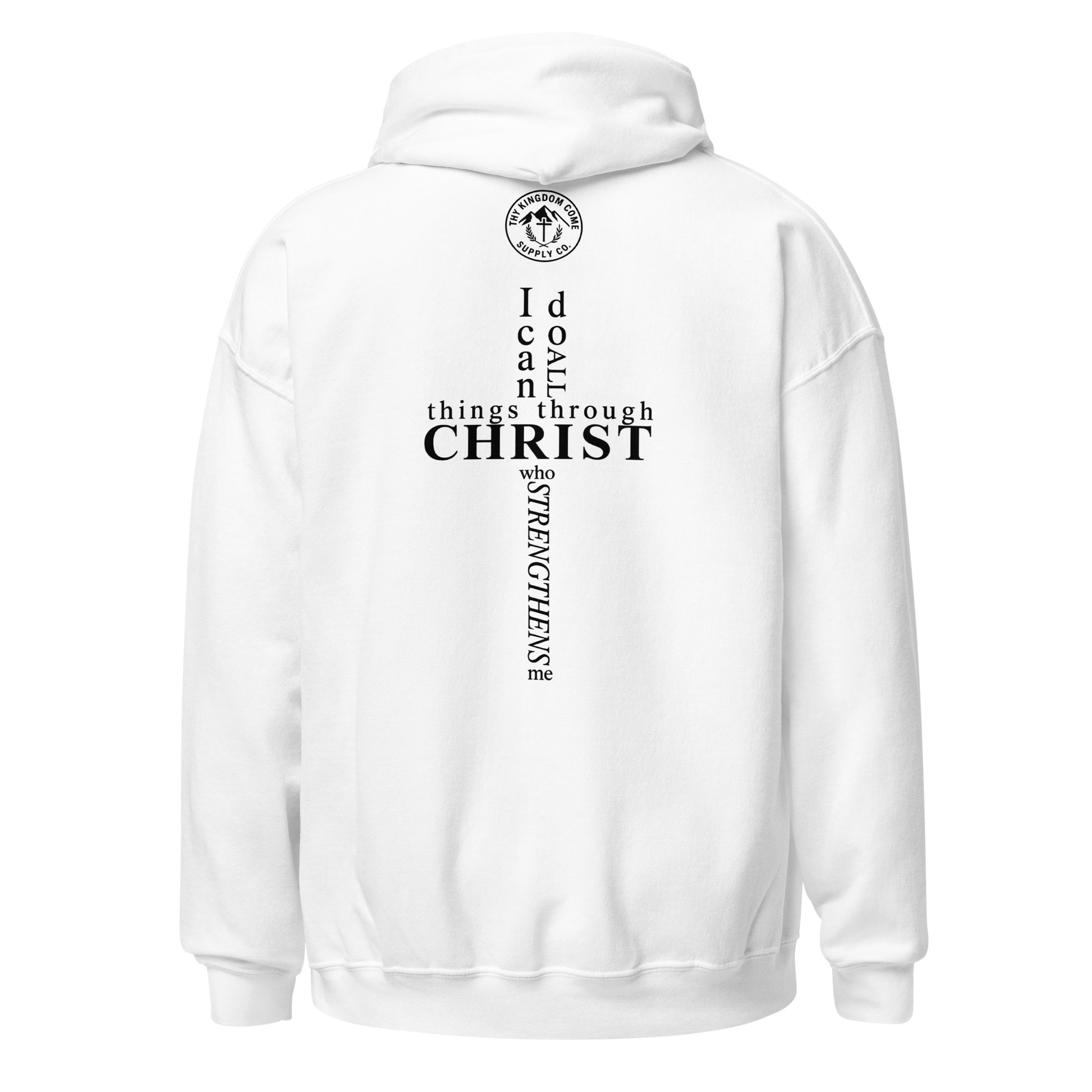 Back view of white Christian hoodie featuring Philippians 4:13 scripture in a cross-shaped design