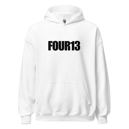 Front view of ash grey Christian hoodie with bold FOUR13 logo, inspired by Philippians 4:13