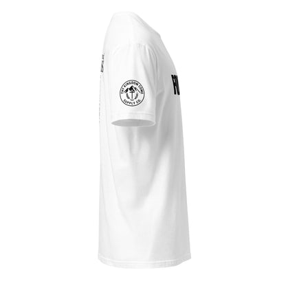 Side view of white FOUR13 Christian shirt